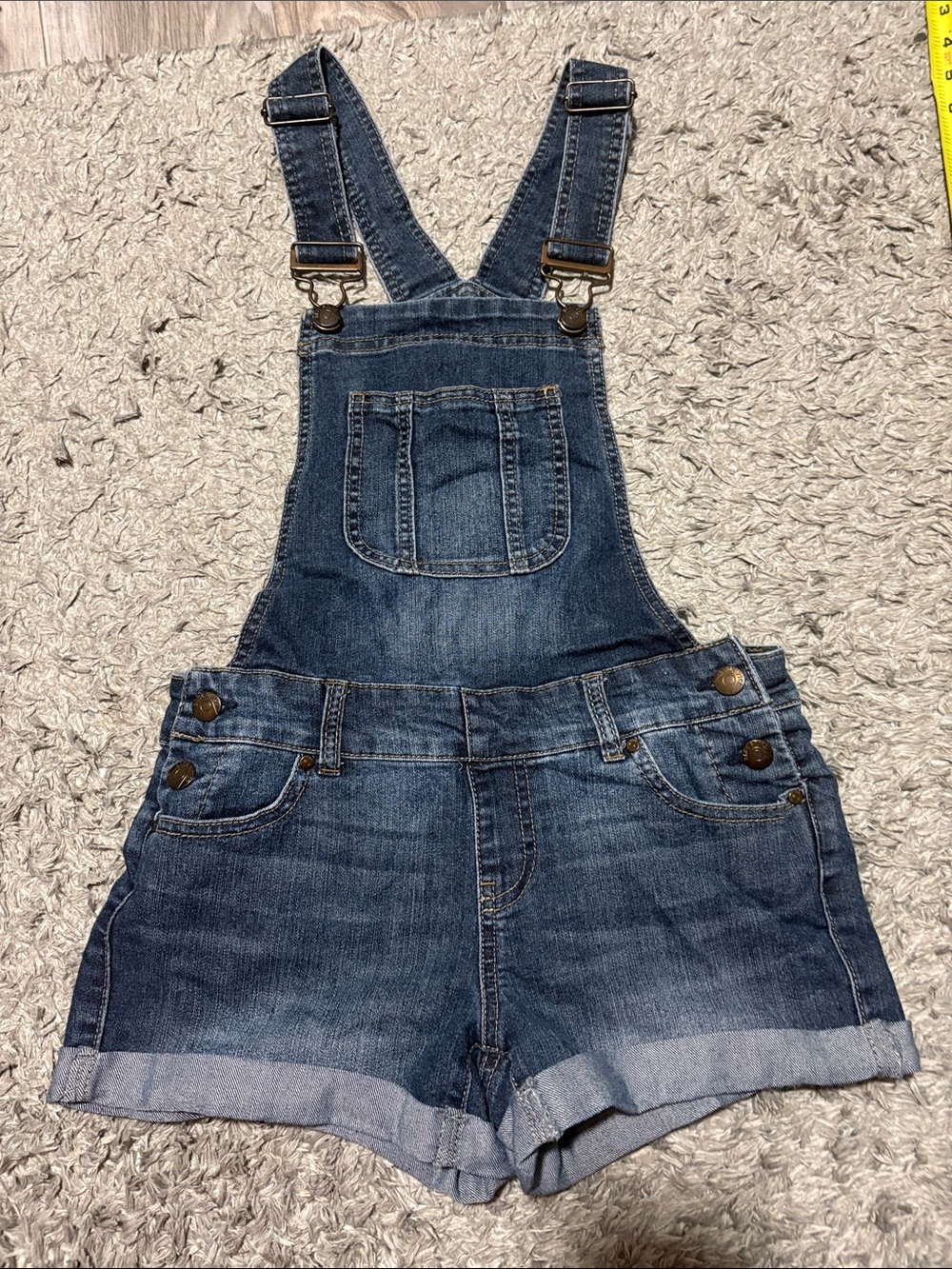 Blue Spice Denim Short Overalls in Medium Wash Blue Juniors